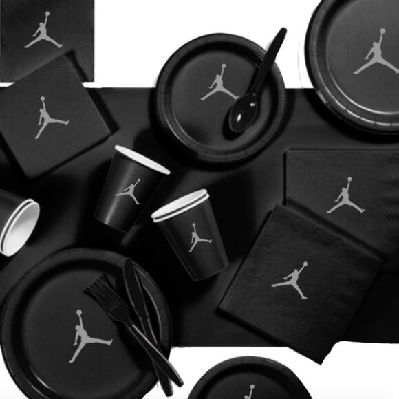 Custom shoe Paper Party Plates Set, Black, 60 Count, Basketball Theme, Jumpman - Picture 3 of 5